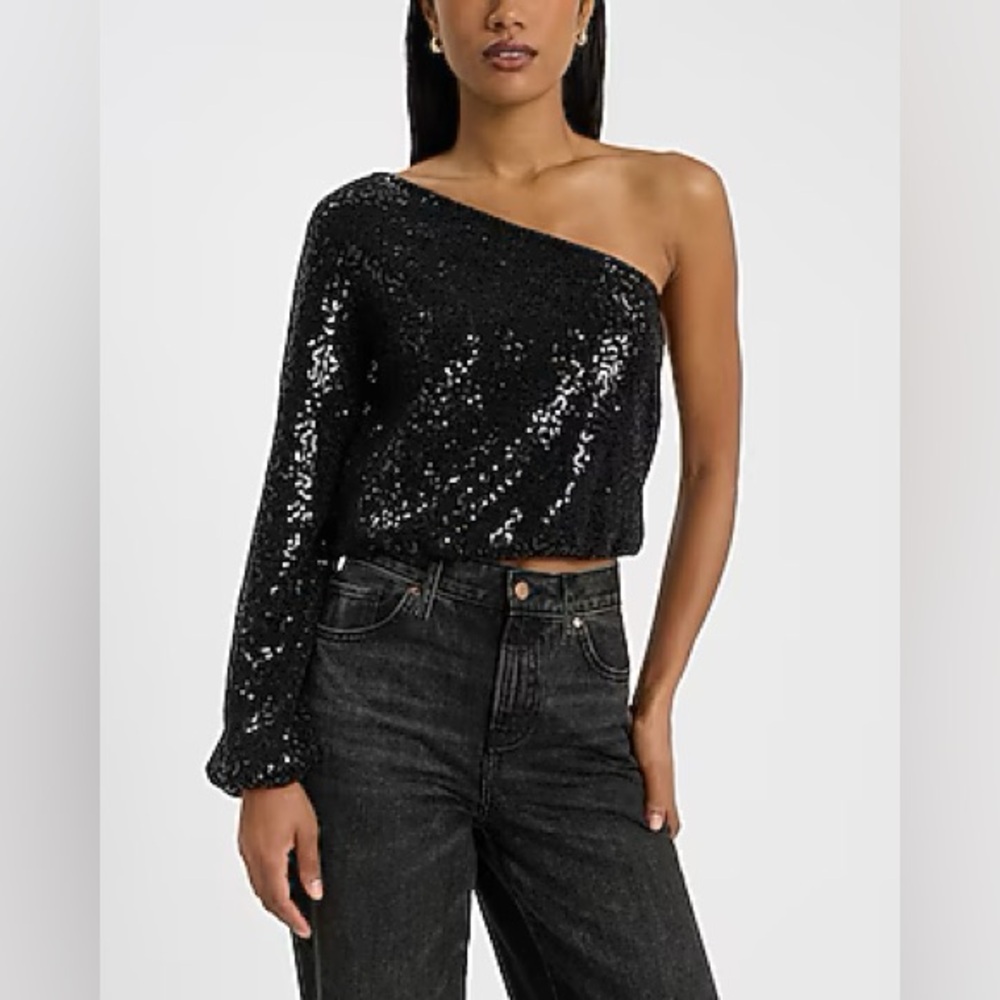 Express Sequin One Shoulder Long Sleeve Top